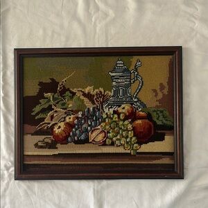 Vintage Wall Art, MCM Art, needlepoint, fruit art, kitchen art, dining room, art